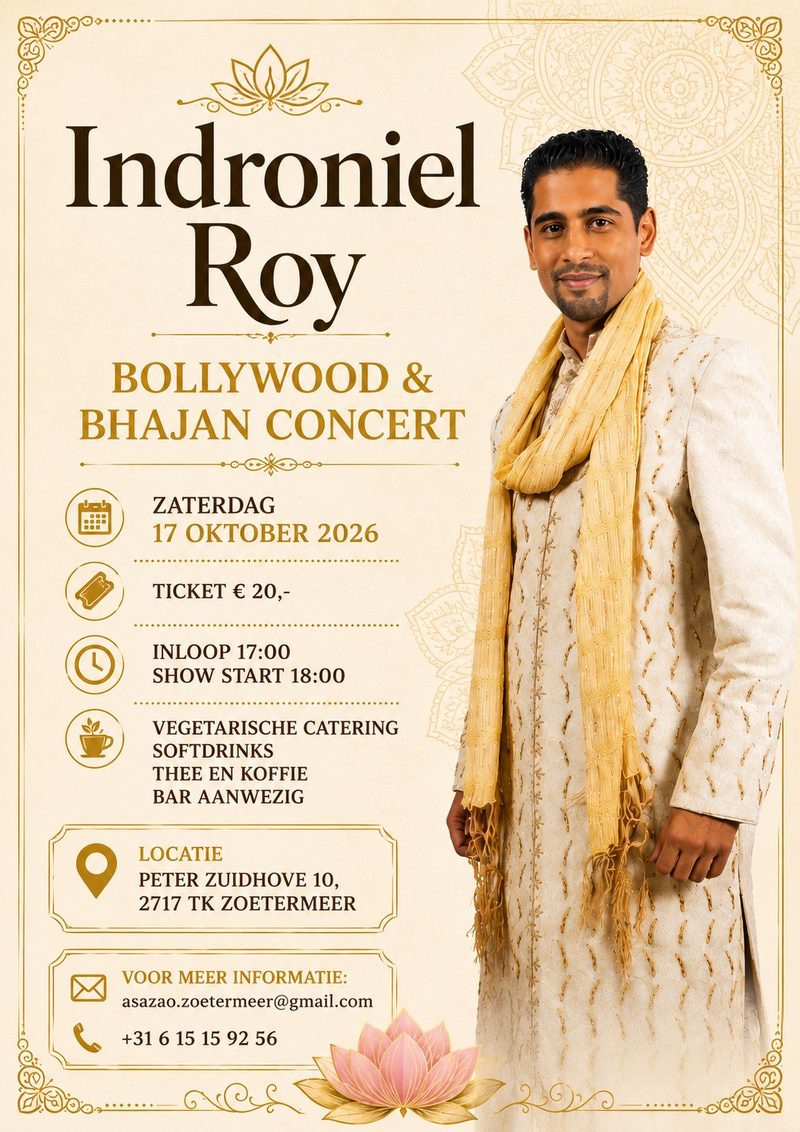 Poster: Bollywood & Bhajan concert met Indroniel Roy, Zoetermeer