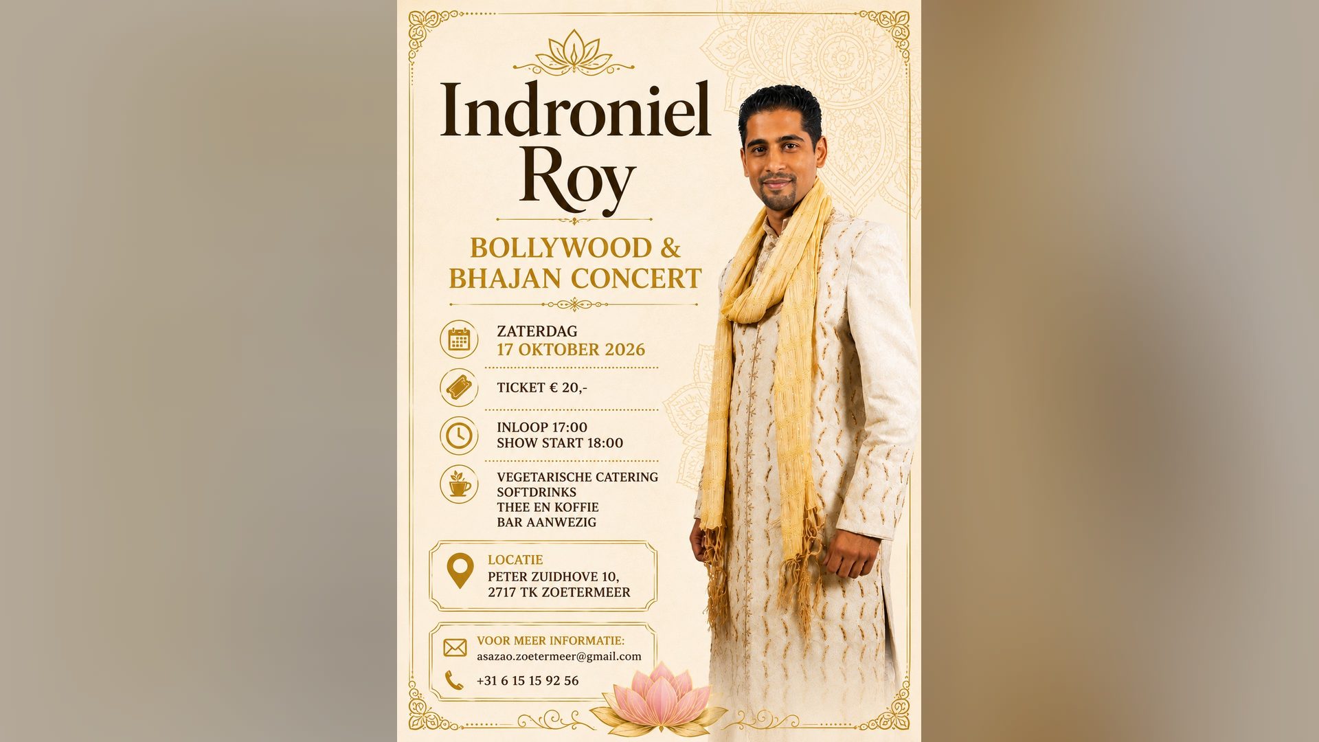 Poster: Bollywood & Bhajan concert met Indroniel Roy, Zoetermeer