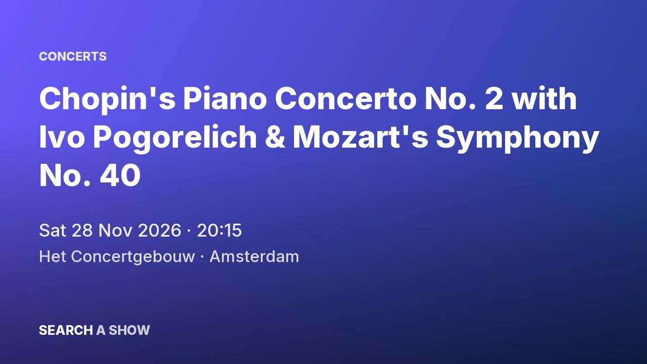 Poster: Chopin's Piano Concerto No. 2 with Ivo Pogorelich & Mozart's Symphony No. 40 with Netherlands Chamber Orchestra & Gordan Nikolić, Amsterdam